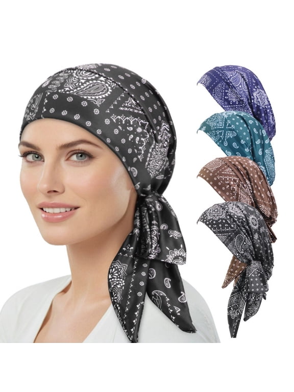 4 Packed Women's Pre Tied Head Scarves Slip On Chemo Beanies Hair Cover Headwrap Caps