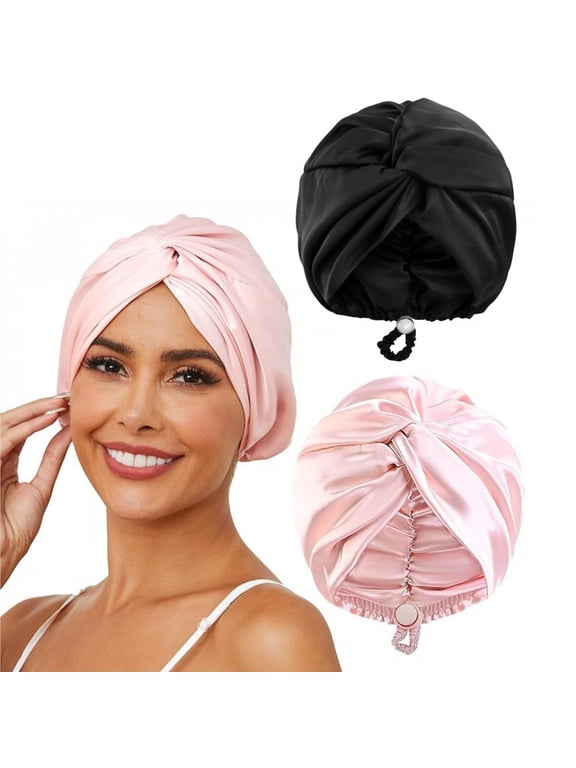 Adjustable Double Layer Silk Satin Hair Bonnet, Sleep Cap Turban for Women, 2 Pieces