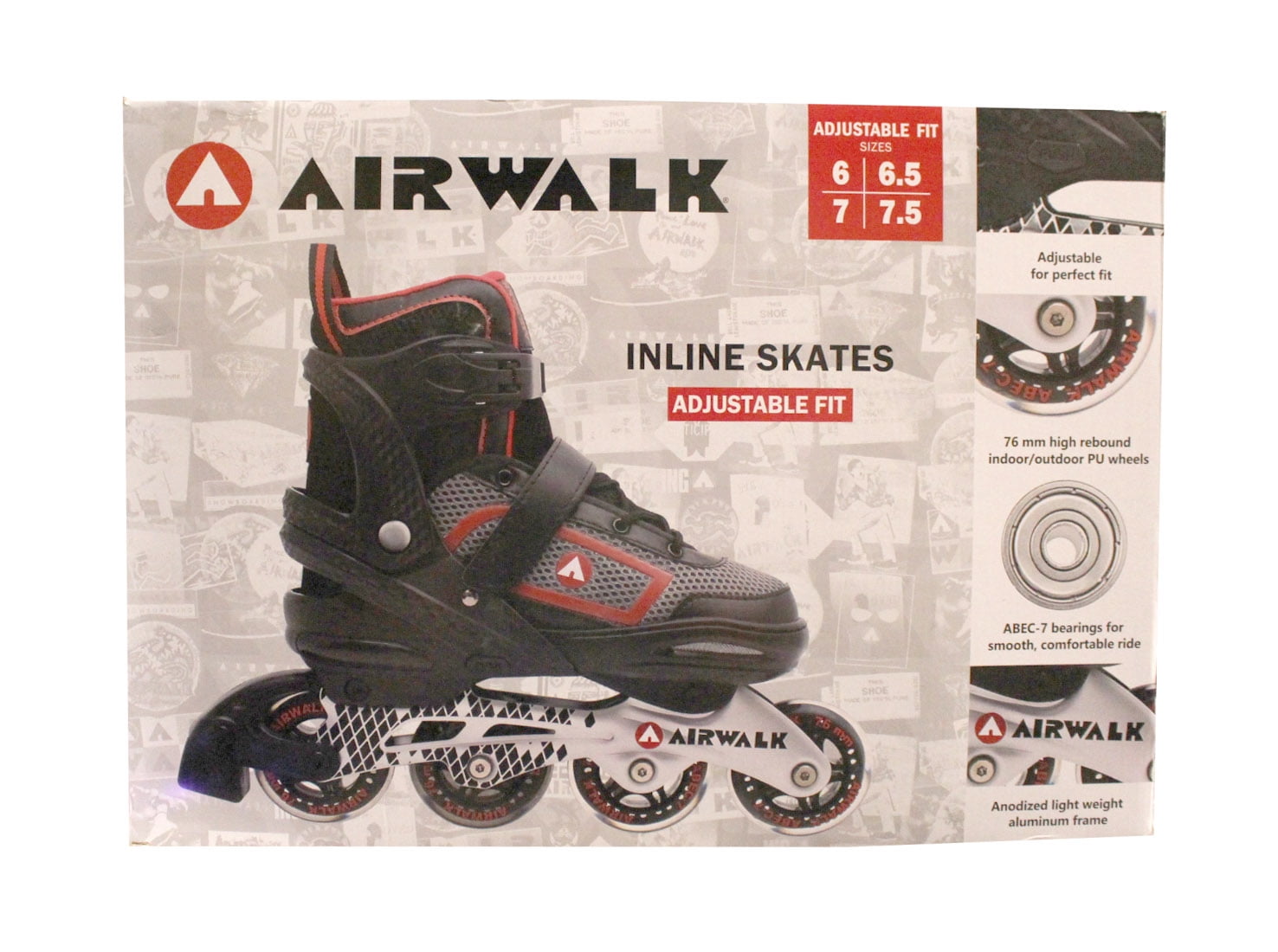 Airwalk Adult Inline Skates Adjustable Fit Red/Black Sizes 6-7.5
