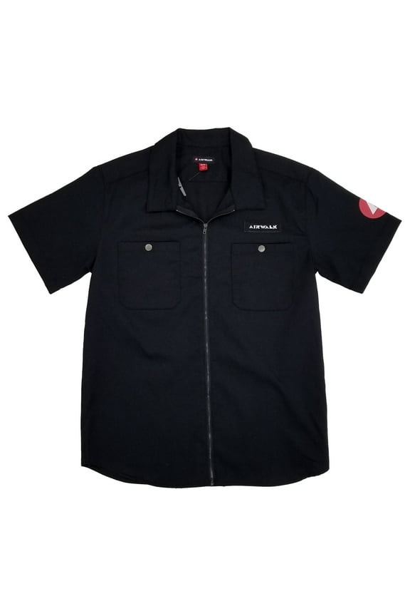 Mens Black Zip Up Short Sleeve Camp Shirt Medium