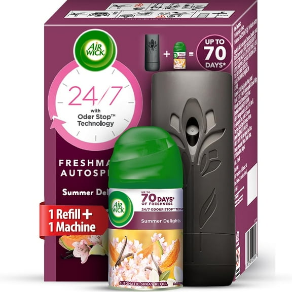 Airwick Freshmatic Automatic Air Freshener Kit [Machine + 1 Refill] - 250ml | Summer Delights with White flowers,melon, vanilla fragrances| 2600 Sprays Guaranteed | Lasts up to 70 days