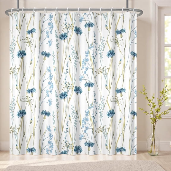Airy Farmhouse Shower Curtain, Smog Blue Wild Cornflower Motif, Tranquil Modern Apartment Screen, Lightweight Quick Install Partition for Family Bath