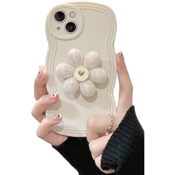 Airy Flower Stand Phone case with or Without Chain, Small Fresh Design, Cute Cartoon, Anti-Drop, for iPhone 15 14 13 12 11 Pro Max XS XR X 7 8 6 Phone Case (White 1,iPhone 15 Pro Max)