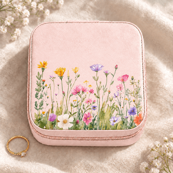 Airy Wildflower Meadow Travel Jewelry Box, Blush Pink Square Organizer ...