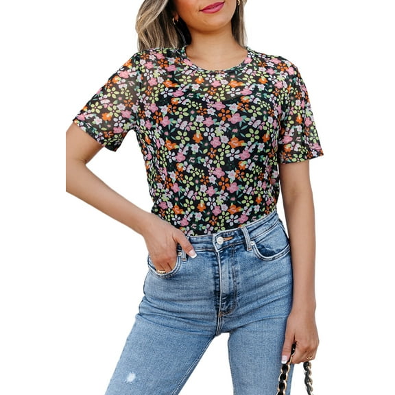 Airy and Comfortable Women's Sheer Floral Tee - Perfect for Layering - [ZhiHiMeRi] | (US 4-6)S