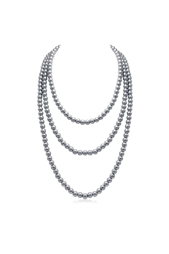 Long Pearl Necklace for Women Layered Gray Faux Pearl Beads Strand Necklace Costume Jewelry,Diameter Pearl 8MM,69 inches