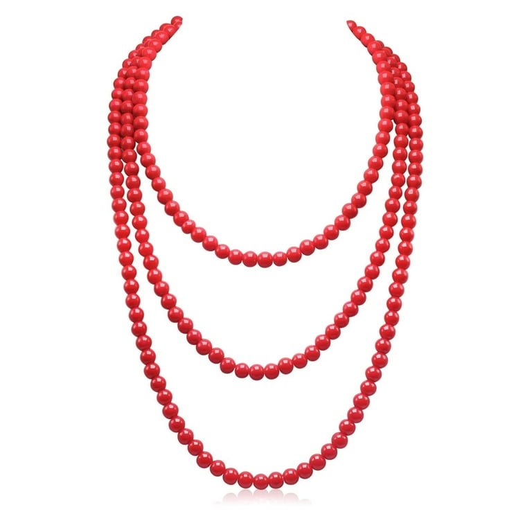 Aisansty Long Pearl Necklace for Women Layered Red Faux Pearl