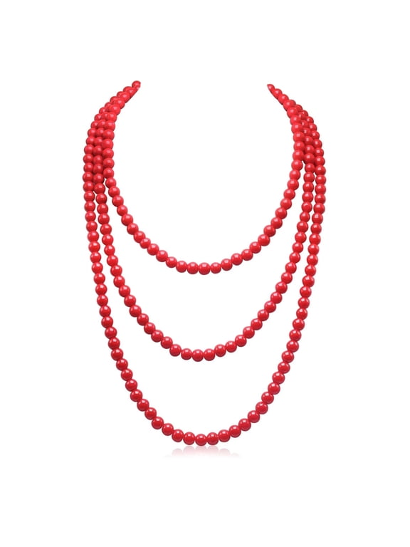 Long Pearl Necklace for Women Layered Red Faux Pearl Beads Strand Necklace Costume Jewelry,Diameter Pearl 8MM,69 inches