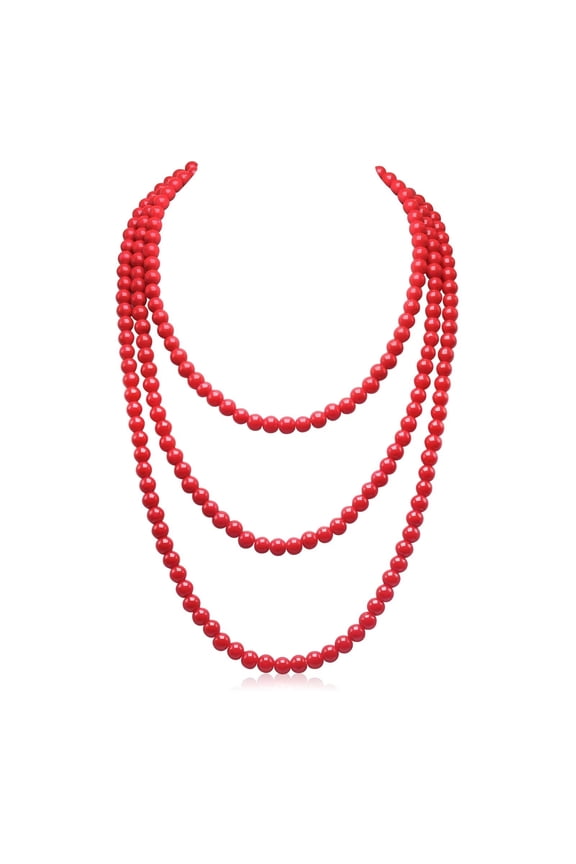Long Pearl Necklace for Women Layered Red Faux Pearl Beads Strand Necklace Costume Jewelry,Diameter Pearl 8MM,69 inches