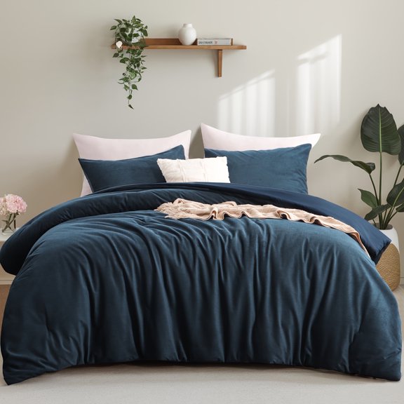 Aisbo 3Pcs Corduroy Thick Navy Blue Comforter Set King, Warm And Fluffy Winter Use Quilted Comforter , With Pillowcases