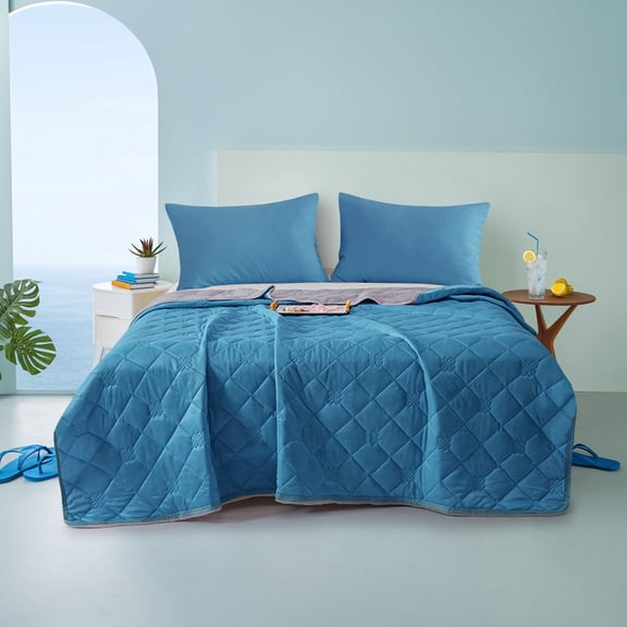 Aisbo Cooling Blanket Twin Size, Lake Blue and Light Gray Summer Comforter