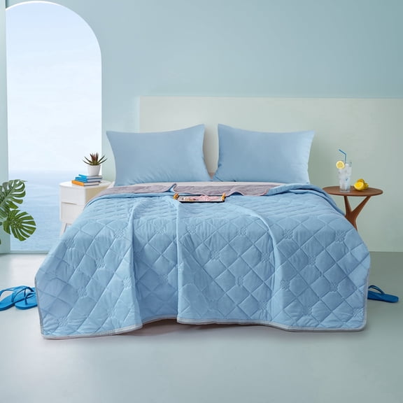 Aisbo Twin Cooling Blanket Reversible Quilt Bedding, Lightweight Summer Comforter, Soft Bedspread Coverlet All Season, Light Blue And Gray