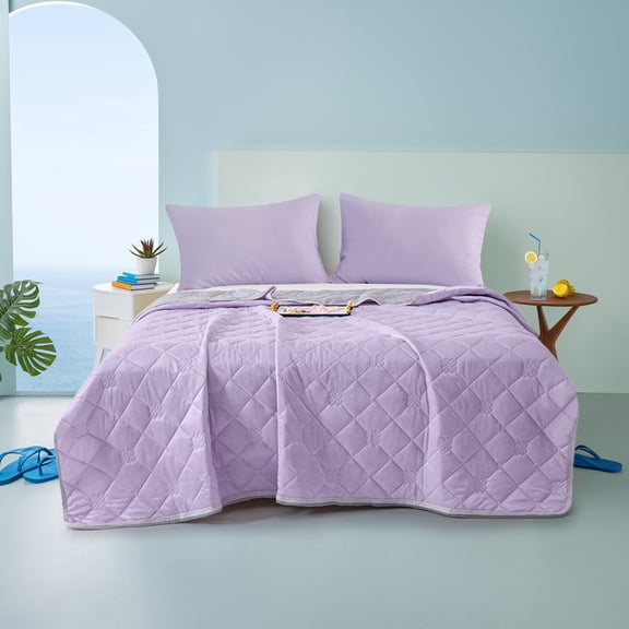 Aisbo Queen Quilt for Hot Sleepers, Lightweight Reversible Bed Blanket, Soft Purple and Gray Bedspread Coverlet All Season with Cooling Blanket