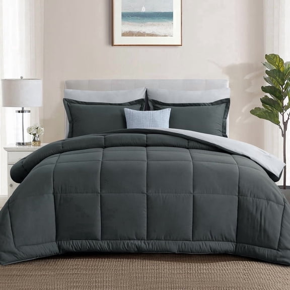 Aisbo Dark Grey/Light Grey Queen Size Comforter Set,3-Pieces Reversible Comforter Set Soft and Lightweight,All Season Down Alternative Bed Comforter with 2 Pillow Shams