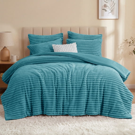 Aisbo Fleece Queen Comforter Set, Fluffy Bed Set, Teal, Super Soft and ...