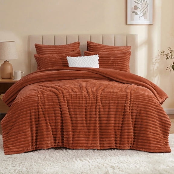 Aisbo Fleece Queen Comforter Set, Fluffy Bed Set, Burnt Orange, Super Soft and Warm Bedding, Luxury Fuzzy Faux Fur Comforter for Winter, with 2 Pillowcases