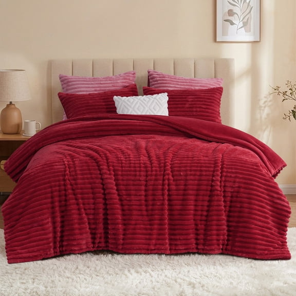 Aisbo Fleece Twin Comforter Set, Fluffy Bed Set, Red, Super Soft and Warm Bedding, Luxury Fuzzy Faux Fur Comforter for Winter, with 1 Pillowcase