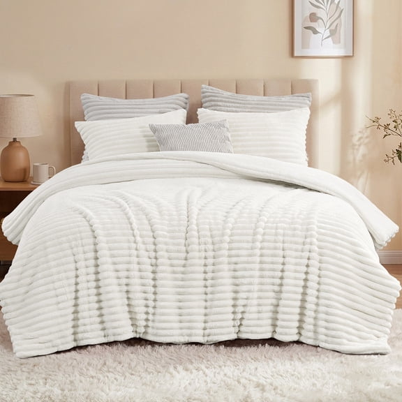 Aisbo Fleece Twin Comforter Set, Fluffy Bed Set, White, Super Soft and Warm Bedding, Luxury Fuzzy Faux Fur Comforter for Winter, with 1 Pillowcase