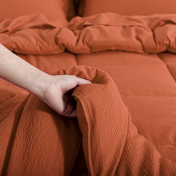 Aisbo Full 7-Piece Comforter Set - Seersucker Bed in a Bag with Comforter, Sheets & Pillowcases, All Season Luxury Bedding, Burnt Orange