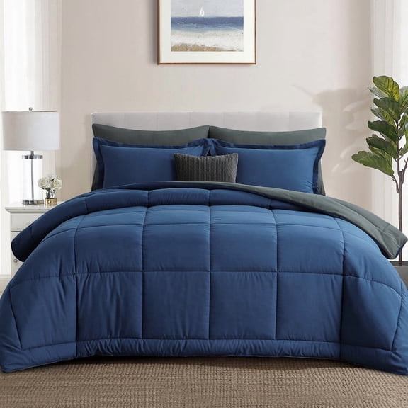 Aisbo Navy/Dark Grey Queen Size Comforter Set,3-Pieces Reversible Comforter Set Soft and Lightweight,All Season Down Alternative Bed Comforter with 2 Pillow Shams