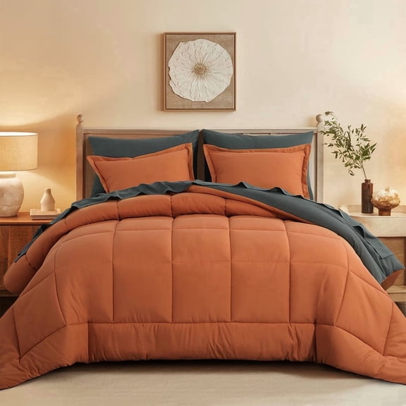 Aisbo Orange/Dark Grey Queen Size Comforter Set,3-Pieces Reversible Comforter Set Soft and Lightweight,All Season Down Alternative Bed Comforter with 2 Pillow Shams