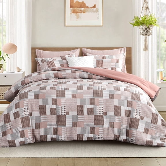 Aisbo Orange White Geometric King Comforter Set - Soft Textured Quilt, Breathable Rectangle Patchwork Bedding, 3-Piece Set (1 Comforter, 2 Pillowcases)