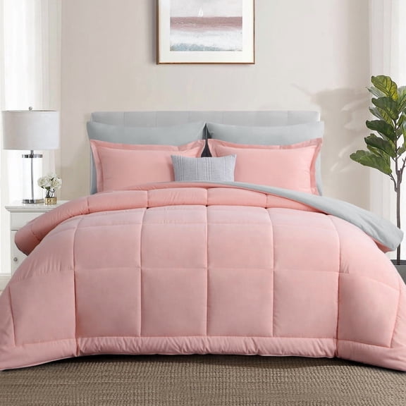 Aisbo Pink/Grey Queen Size Comforter Set,3-Pieces Reversible Comforter Set Soft and Lightweight,All Season Down Alternative Bed Comforter with 2 Pillow Shams