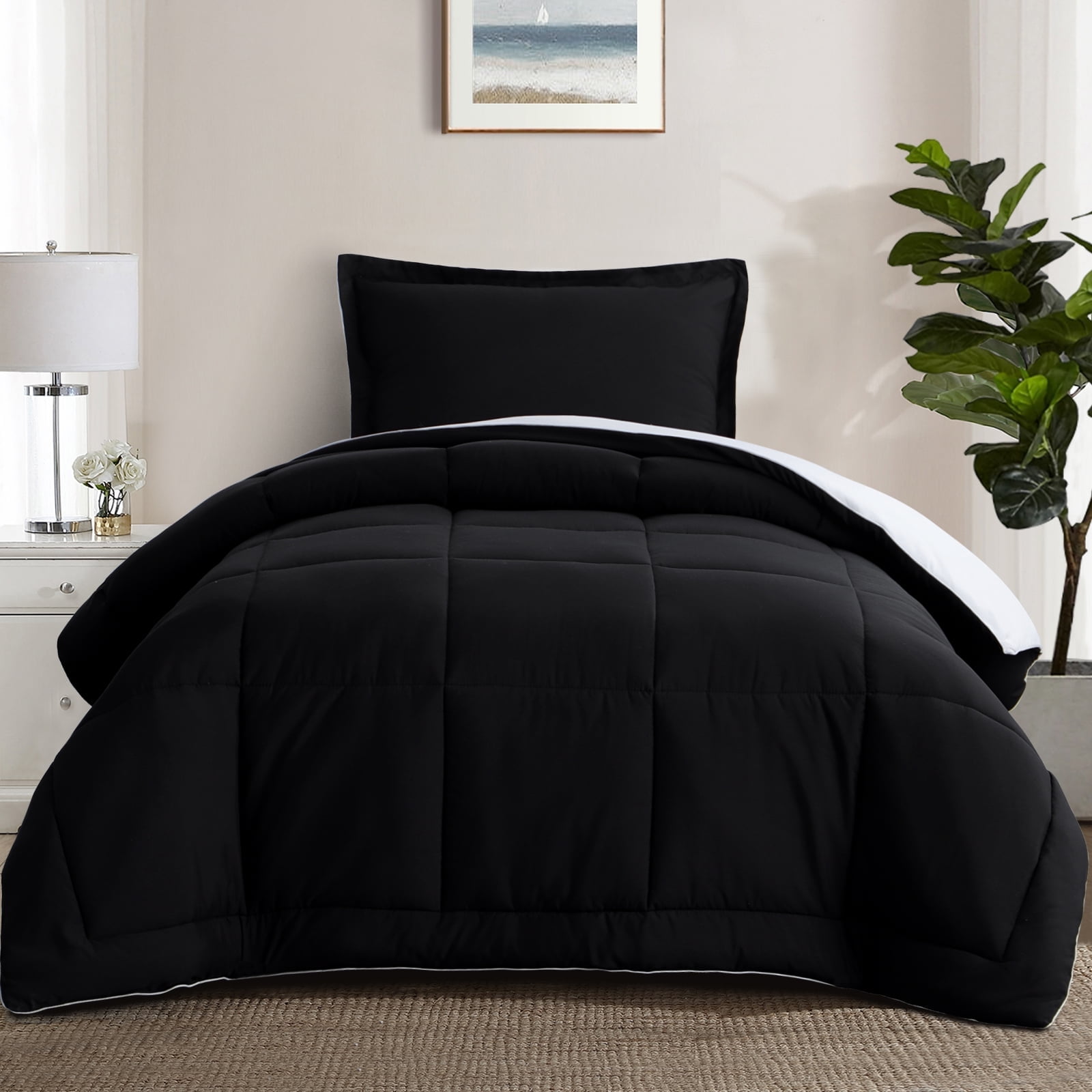 Twin Black and White Reversible Down Alternative Microfiber Comforter Set