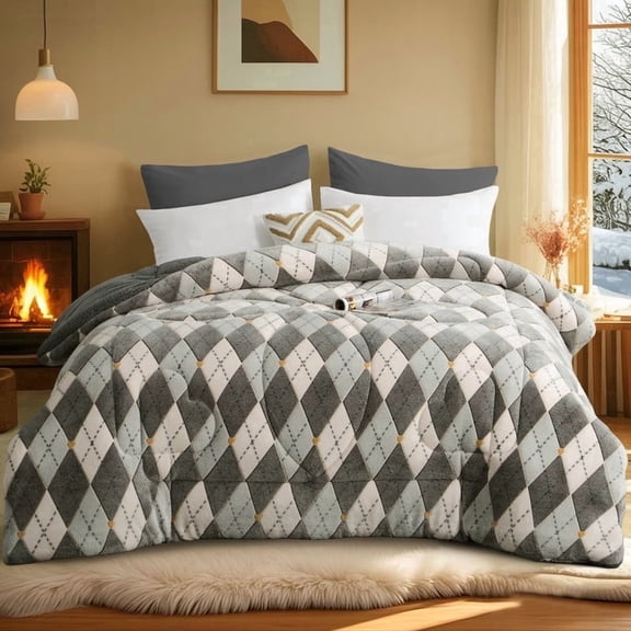 Aisbo Twin  Size Quilted Comforter - Geometric Diamond Pattern Microfiber All Season Bedding, Machine Washable, Gray & White