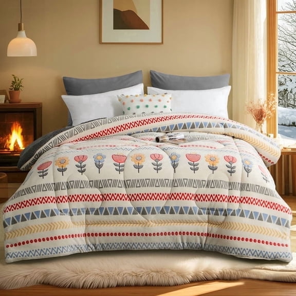 Aisbo Twin Size Comforter, Boho Floral Stripe Pattern, Fleece Material, All Season Bedding.