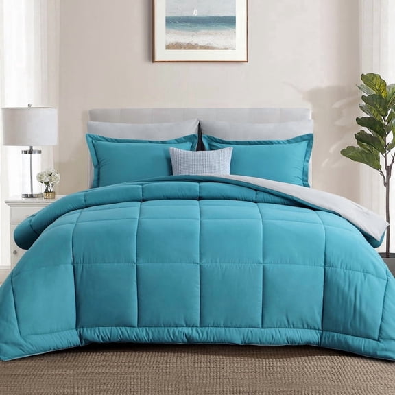 Aisbo Teal/Grey King Size Comforter Set,3-Pieces Reversible Comforter Set Soft and Lightweight,All Season Down Alternative Bed Comforter with 2 Pillow Shams