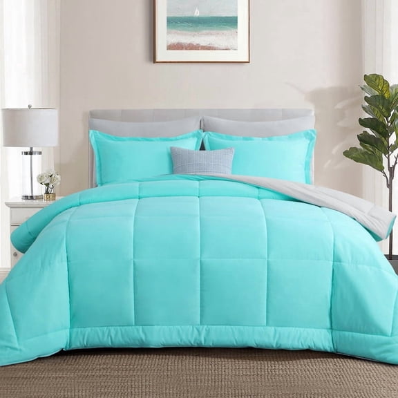 Aisbo Turquoise/Grey Full Size Comforter Set, 3 Piece Bed in a Bag, Reversible Comforter Set Soft and Lightweight,All Season Down Alternative Bed Comforter with 2 Pillow Shams
