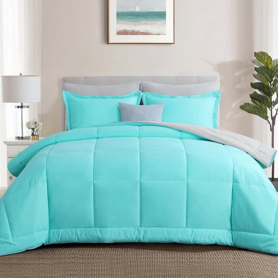 Aisbo Turquoise/Grey Full Size Comforter Set,3-Pieces Reversible Comforter Set Soft and Lightweight,All Season Down Alternative Bed Comforter with 2 Pillow Shams