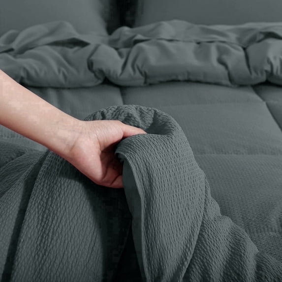 Aisbo Twin Comforter Set Seersucker 5 Pieces, All Season Luxury Bed in a Bag for Bedroom, Bedding Set with Comforters, Sheets, Pillowcases & Shams, Dark Grey