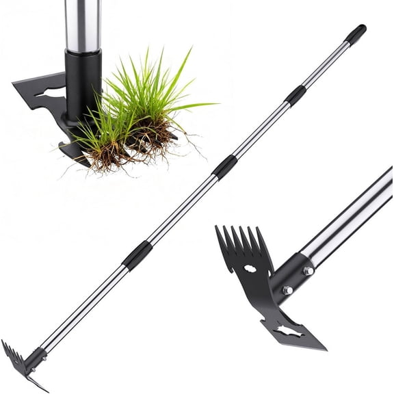 Aishkimo 2 in 1 Weed Puller Tool,61 inch Adjustable Long Manual Weeder Remover Tool with Hand Weed Rake and Garden Hoe for Gardening, Yard, Lawn and Patio,Black