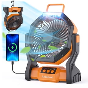 Aishkimo Rechargeable Camping Fan, 10000mAh Battery Powered Camping Fan with LED Light & Hook, 270° Adjustable, 4-Speed, 1/2/3/4H Timer Camping Fan Essentials for Outdoor Tent Travel BBQ Car (Orange)