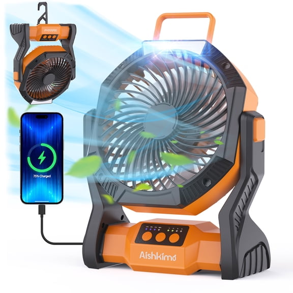 Aishkimo Rechargeable Camping Fan, 10000mAh Battery Powered Camping Fan with LED Light & Hook, 270° Adjustable, 4-Speed, 1/2/3/4H Timer Camping Fan Essentials for Outdoor Tent Travel BBQ Car (Orange)