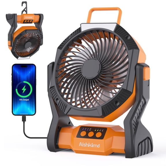 Aishkimo Portable Rechargeable Fan, 10000mAh Battery Powered Camping Fan with LED Light & Hook, 270° Adjustable, 4-Speed, 1/2/3/4H Timer Camping Fan Essentials for Outdoor Tent Travel BBQ Car_Orange