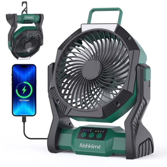 Aishkimo Portable Rechargeable Fan, 10000mAh Battery Powered Camping Fan with LED Light & Hook, 270° Adjustable, 4-Speed, 1/2/3/4H Timer Camping Fan Essentials for Outdoor Tent Travel BBQ Car_Green