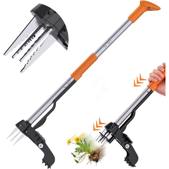 Aishkimo Stand up Weeder Puller Tool - 4-Claw Steel Head Hand Weeding Tool - 40" Retractable Handle Easily Remove Weeds Without Bending, Pulling, or Kneeling (Orange)
