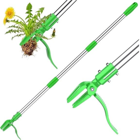 Aishkimo Weed Pullers Tool Stand up Heavy Duty- Stand Up Weed Remover Tool with 4-Claw Steel Head,35"-50" Adjustable Stainless Steel Handle Weeder Tool,Easily Remove Weeds Without Kneeling (Green)