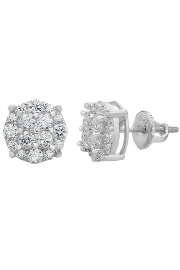 1.10Ct Round Cut Natural Moissanite Tester Pass Cluster Screw Back Stud 925 Sterling Silver 14K White Gold Finish