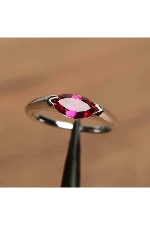 1.50Ct Marquise Cut Lab Created Red Ruby Solitaire Engagement Ring 14K White Gold Plated Silver