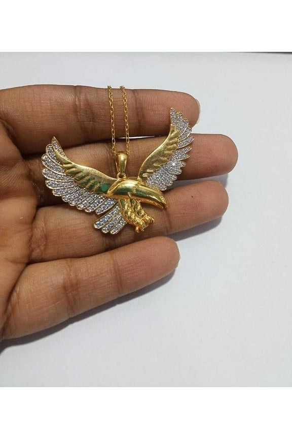 1 Ct Round Cut Lab-Created Diamond Men's Eagle Pendant With 18" Chain 14k Yellow Gold Plated 925 Silver