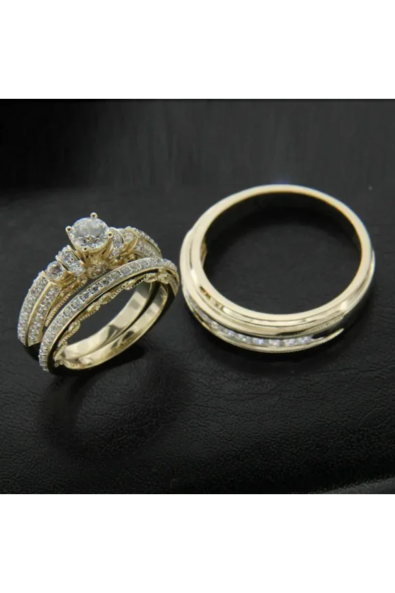 14k Yellow Gold Plated Round Cut Lab Created Wedding His & Her Trio Set Bridal Engagement Ring