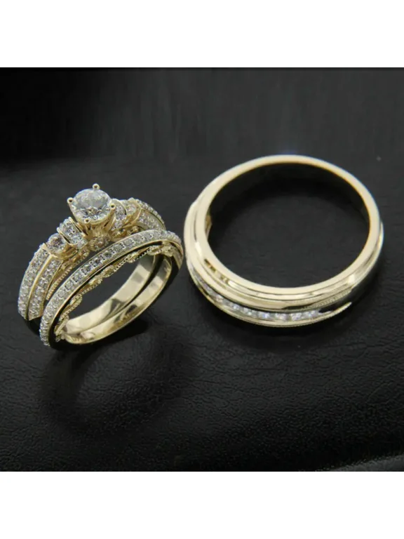 14k Yellow Gold Plated Round Cut Lab Created Wedding His & Her Trio Set Bridal Engagement Ring