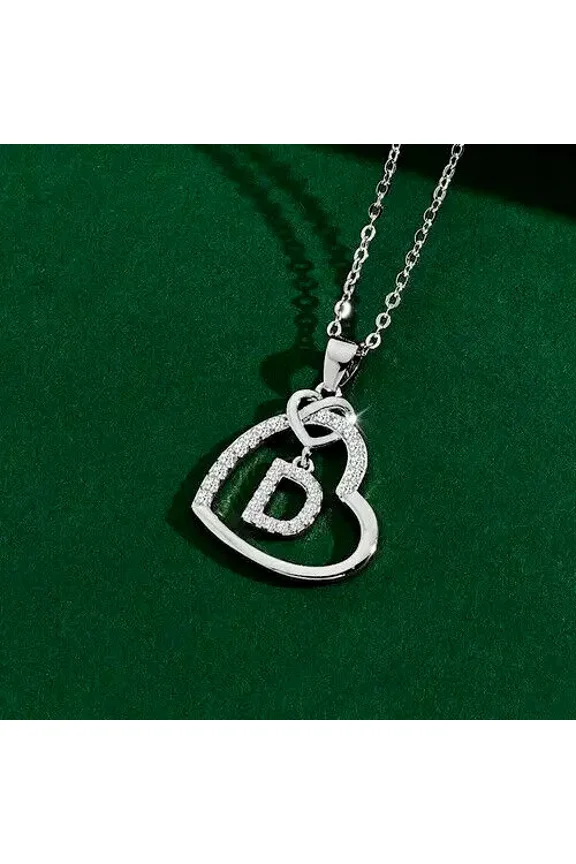 1Ct Round Cut Real Moissanite Heart Initial "D" Letter Pendant 14k White Gold Plated