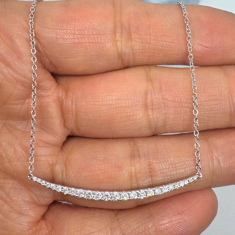 1Ct Round Cut Simulated Diamond Curve Bar Necklace Pendant 14K White Gold Plated 18" Chain
