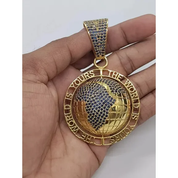 Aishvi Jewels 2.20CT Lab-Created Blue Sapphire Earth World Map Pendant 14K Yellow Gold Plated Free 18" Chain