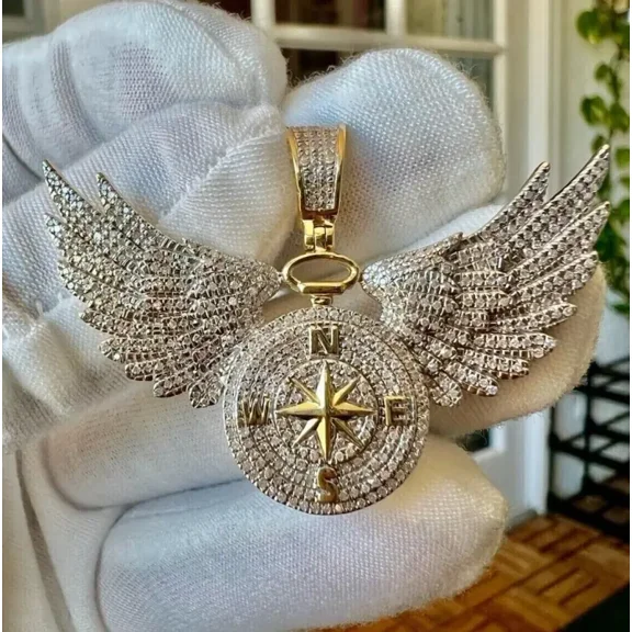 Aishvi Jewels 2.60Ct Round Cut Simulated Diamond Flying Wings Compass Pendant In 14k Yellow Gold Plated